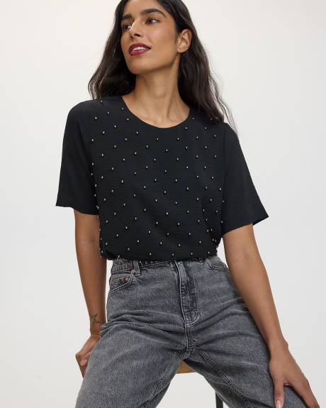 Short-Sleeve Crew-Neck Loose Blouse with Pearls