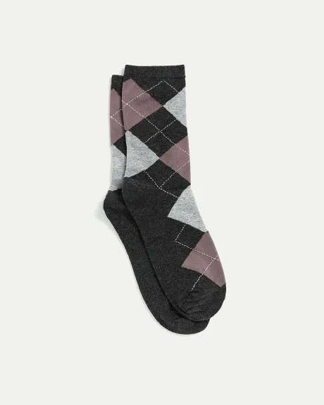 Cotton Crew Socks with Argyle Pattern