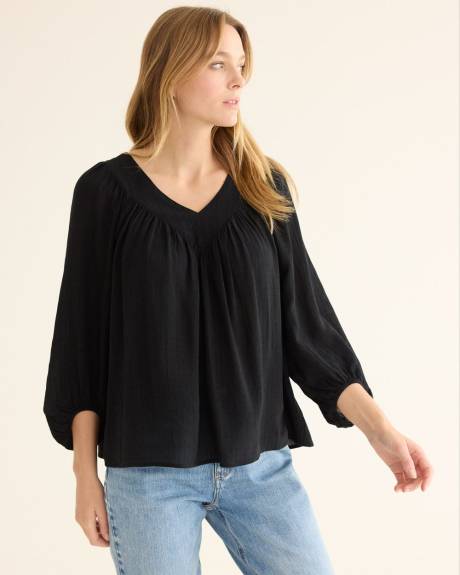 Blouse à manches 3/4 volumineuses et col V