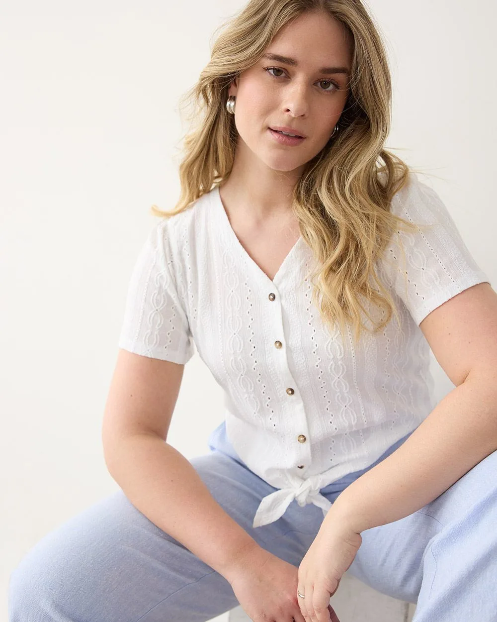 Short-Flutter-Sleeve Buttoned-Down Tee with Self-Tie at Hem