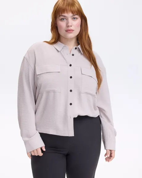 Long-Sleeve Shirt-Collar Blouse with Utility Pockets