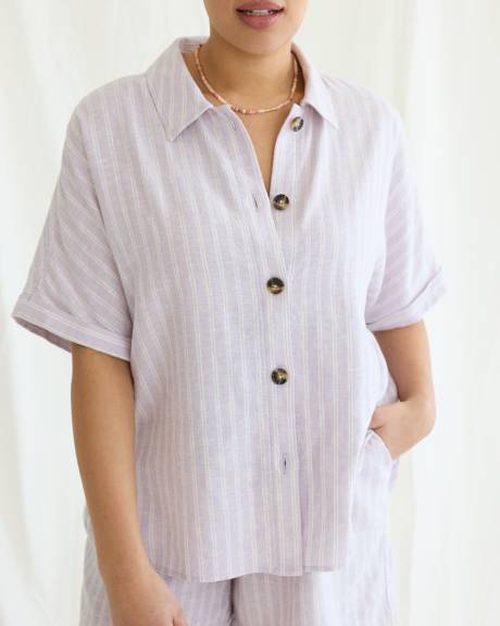 Short-Sleeve Buttoned-Down Linen-Blend Blouse