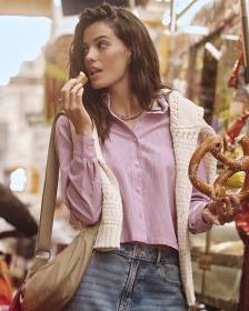 Striped Long-Sleeve Buttoned-Down Blouse with Chest Pocket