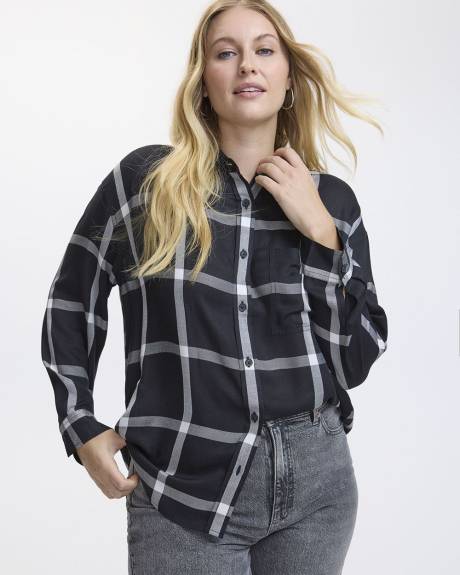 Long-Sleeve Plaid Blouse with Chest Pocket