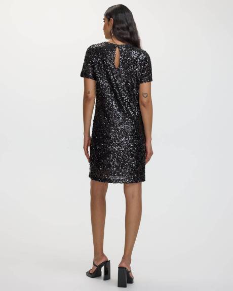 Short-Sleeve Crew-Neck Sequins Shift Dress