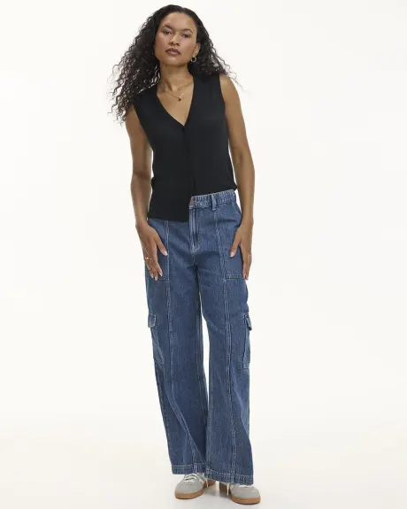 Pantalon cargo en denim à jambe large et taille haute - Long