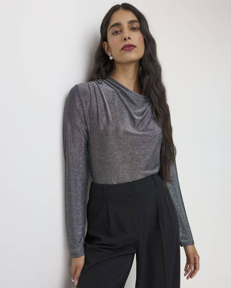 Long-Sleeve Draped-Neck Shimmery Top