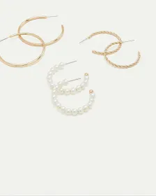 Pearl and Metal Hoops - 3 Pairs