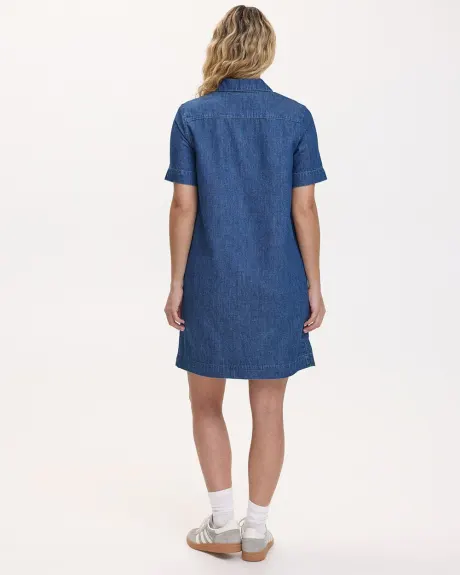 Short-Sleeve Denim Dress with Shirt Collar