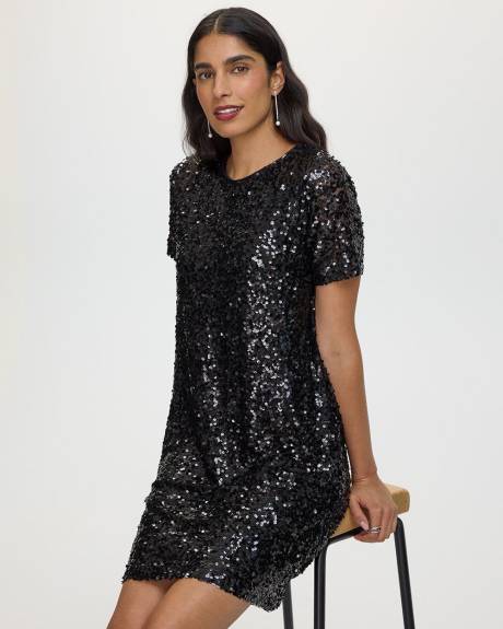 Short-Sleeve Crew-Neck Sequins Shift Dress