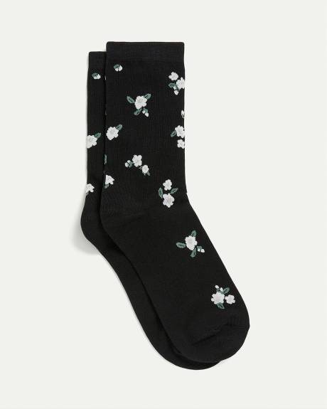 Cotton Anklet Socks with White Flowers