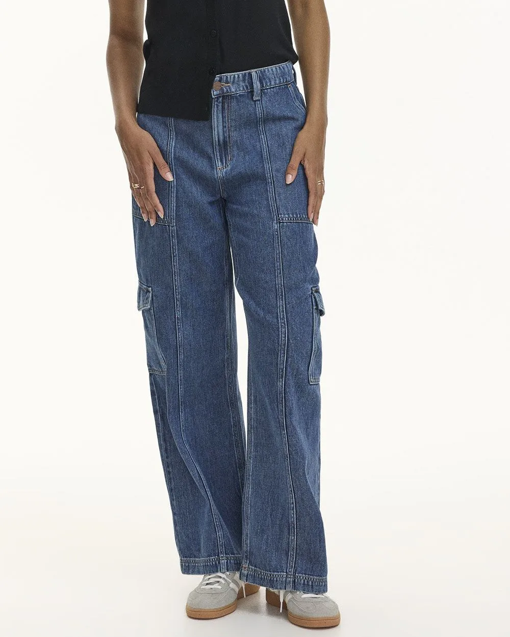 Pantalon cargo en denim à jambe large et taille haute - Long