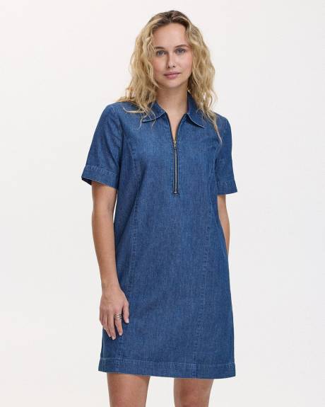 Short-Sleeve Denim Dress with Shirt Collar