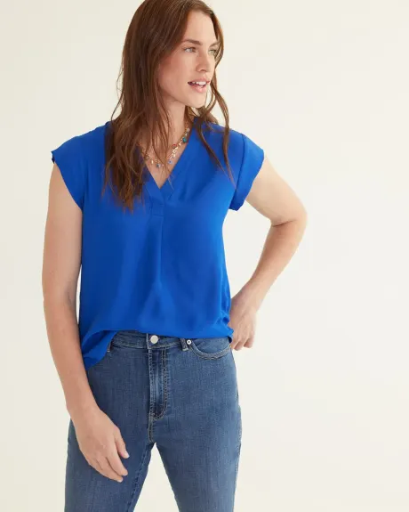 Cap-Sleeve Blouse with V Neckline, R Essentials