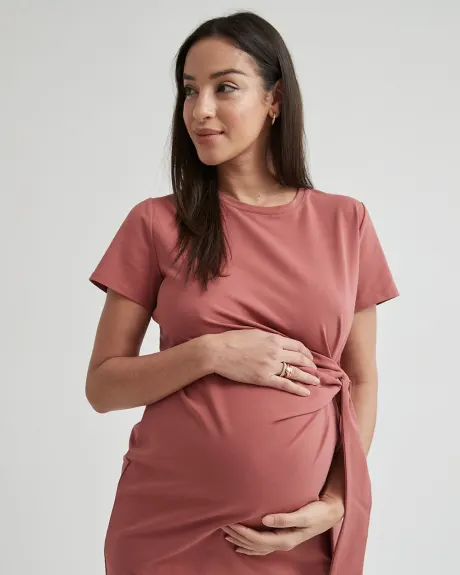 Crew-Neck Short Sleeve Dress with Front Tie - Thyme Maternity