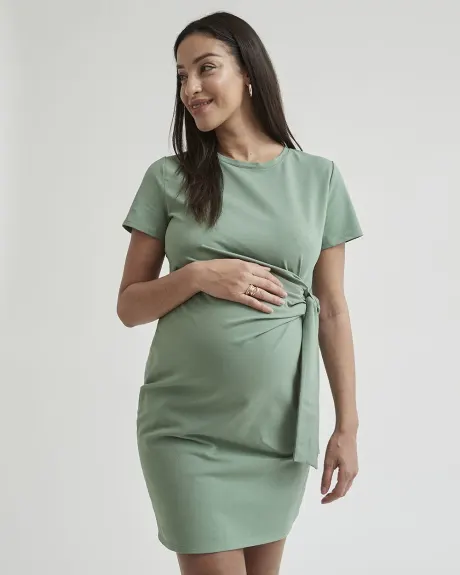 Crew-Neck Short Sleeve Dress with Front Tie - Thyme Maternity