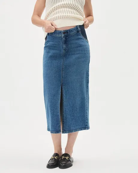 Medium-Wash Midi Denim Skirt - Thyme Maternity