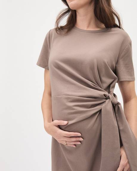 Crew-Neck Short Sleeve Dress with Front Tie - Thyme Maternity