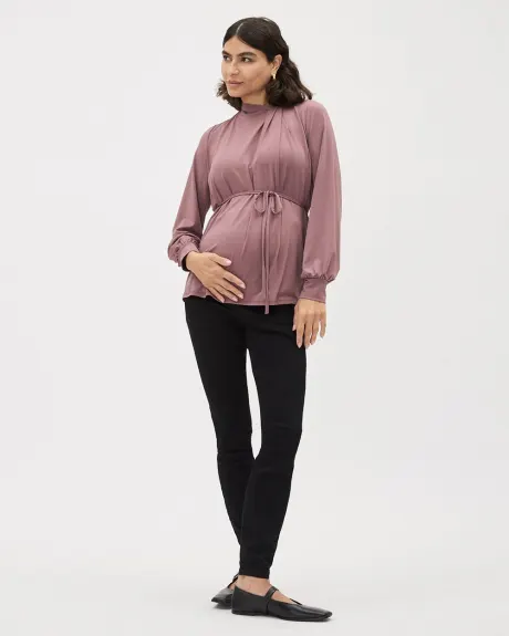 Long-Sleeve Pleated Mock-Neck Top - Thyme Maternity