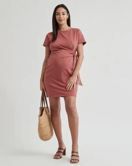 Crew-Neck Short Sleeve Dress with Front Tie - Thyme Maternity