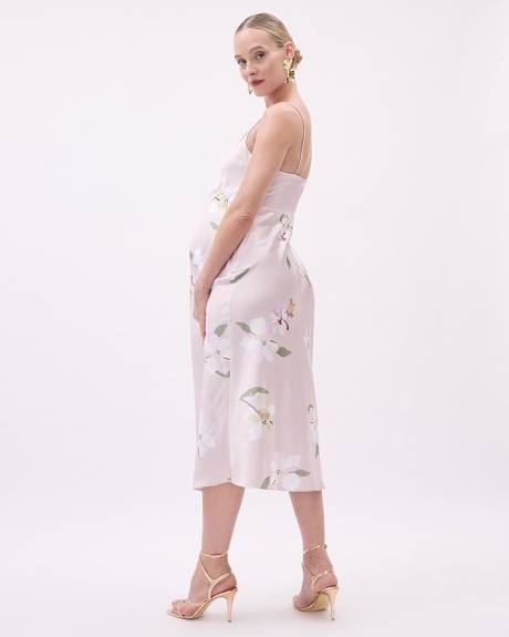 Sleeveless Satin Midi Dress with Floral Print - Thyme Maternity