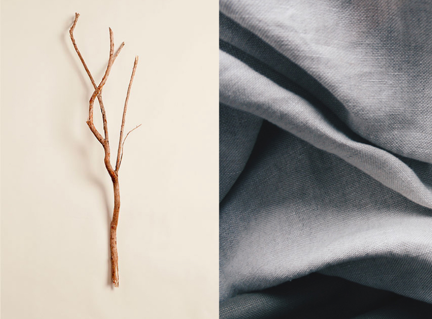 A long thin tree branch. A fold of EcoCosy® fabric seen up close.