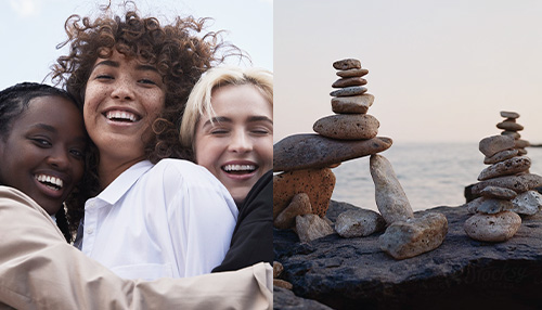 Three women hugging in front of a white sky. (left) Two cairns of stacked stones by the water. (right)