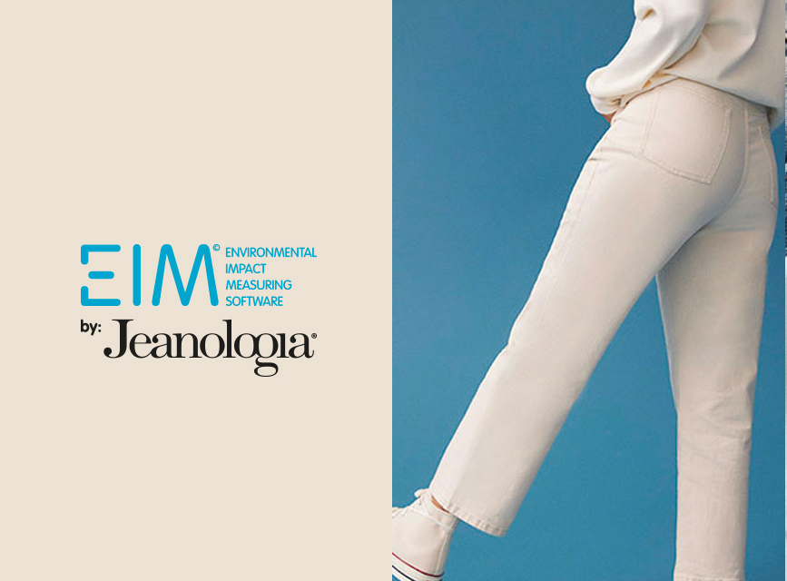 The EIM by Jeanologia logo. A woman in white jeans leaning on one leg.