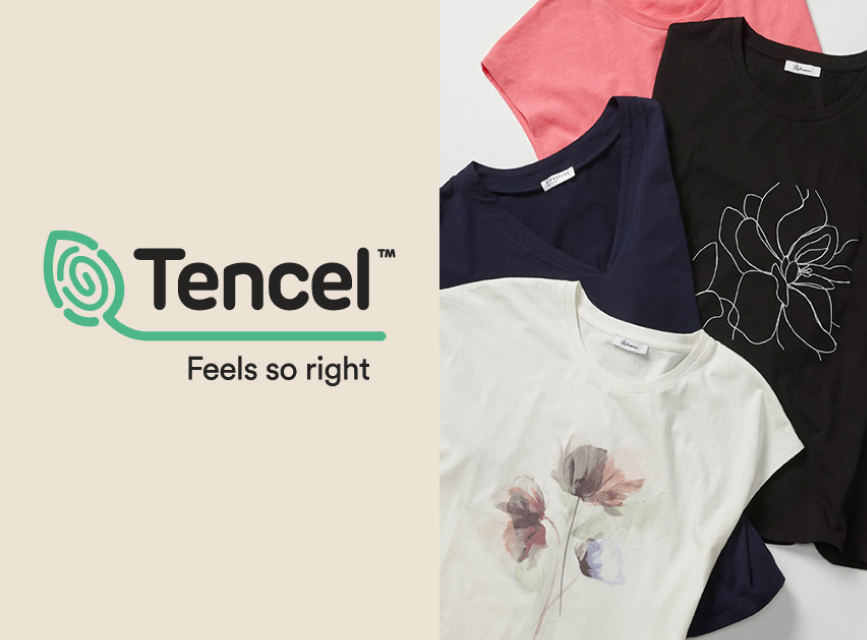 The TENCEL™ Modal logo. Four tops laid over each other on a flat surface.