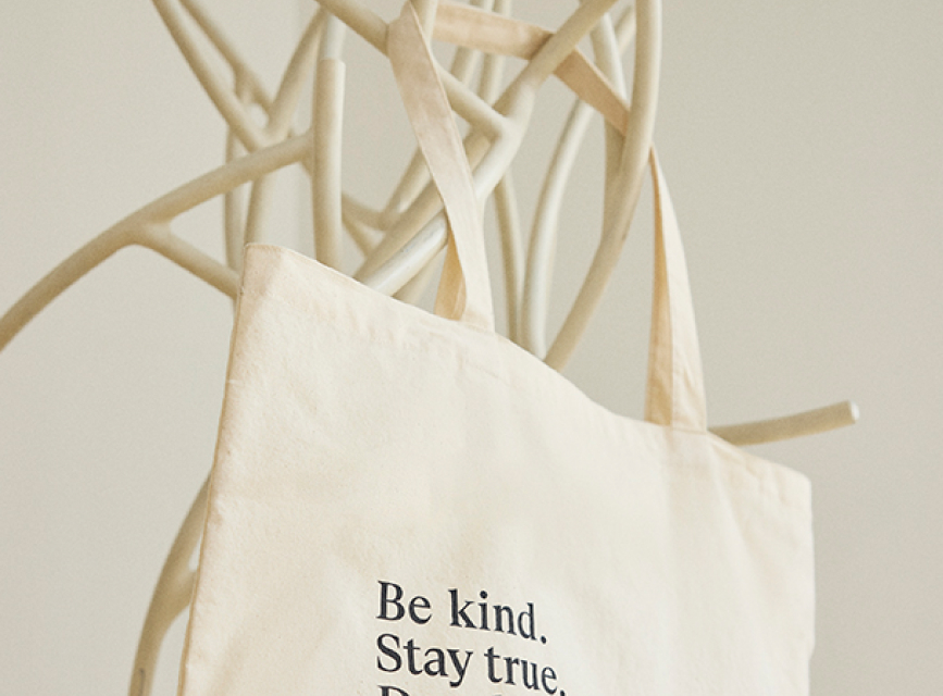 Un sac fourre-tout en toile blanche suspendu aux branches d'un arbre blanc.